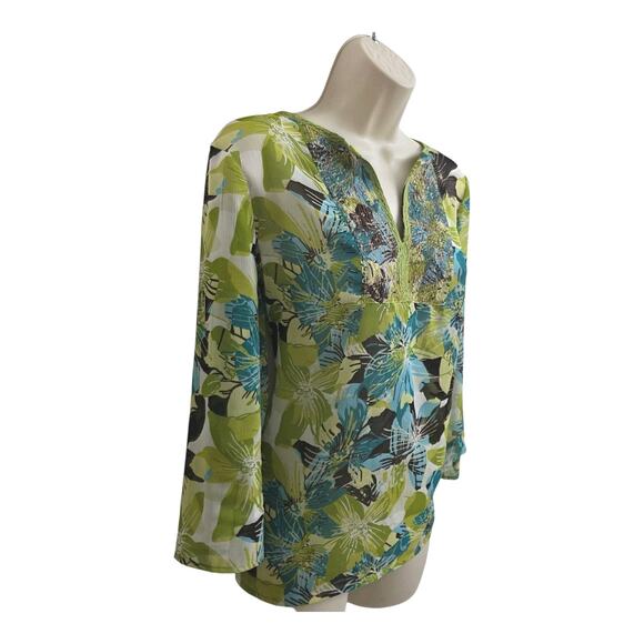 Y2K New York & Co. Womens Floral Sheer W Sequins V Neck Blouse Green Sz M - Picture 2 of 7